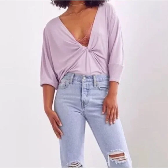 Urban Outfitters a Twist in Time Purple Twist Front Plunging Tee - Picture 1 of 5